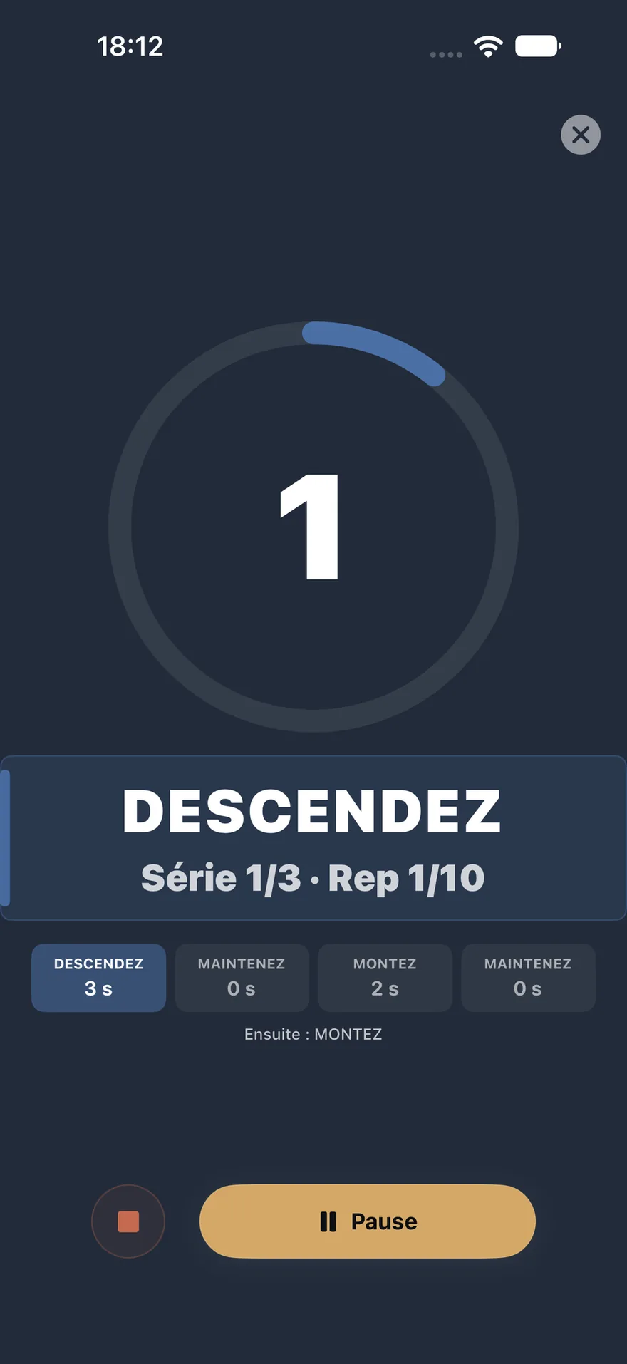 TEMPO 3-0-2-0: DESCENDEZ 3 s, MAINTENEZ 0 s, MONTEZ 2 s, MAINTENEZ 0 s