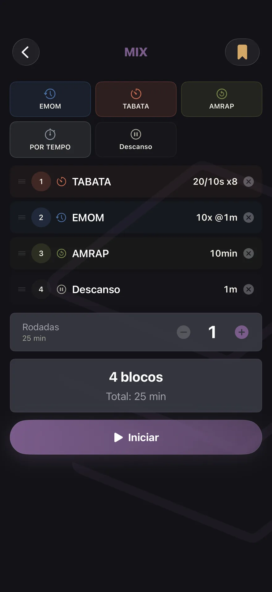 Um circuito MIX no TempoReps: Tabata, EMOM, AMRAP e descanso, 25 minutos no total.