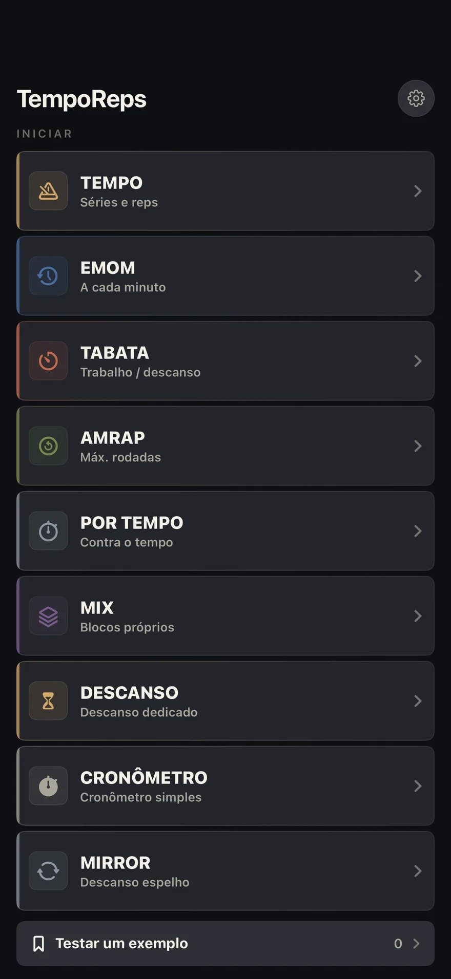 A tela inicial do TempoReps com os nove modos de timer.