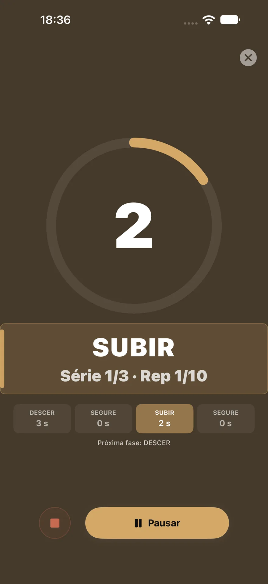 TEMPO 3-0-2-0: DESCER 3 s, SEGURE 0 s, SUBIR 2 s, SEGURE 0 s