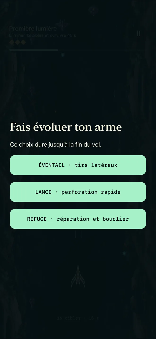 Choix d’arme en vol : Éventail, Lance ou Refuge, français