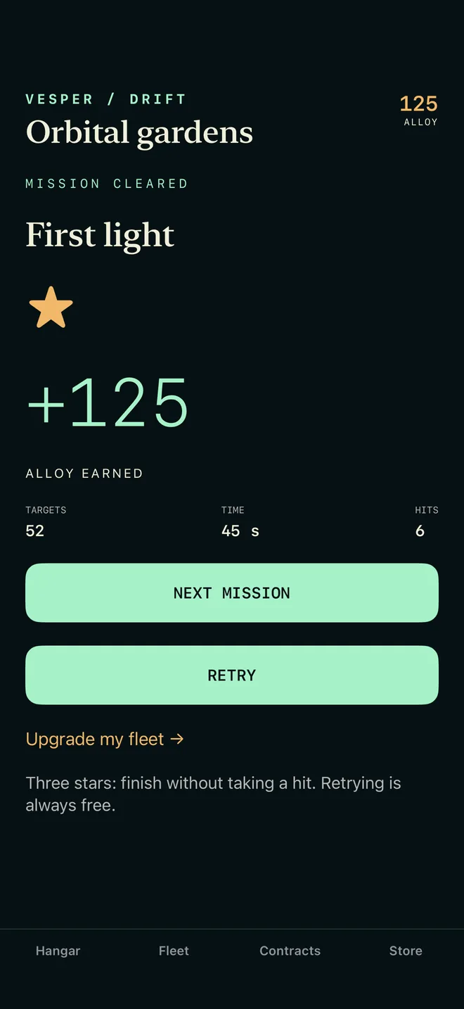 Mission result with one star and 125 Alloy earned, English