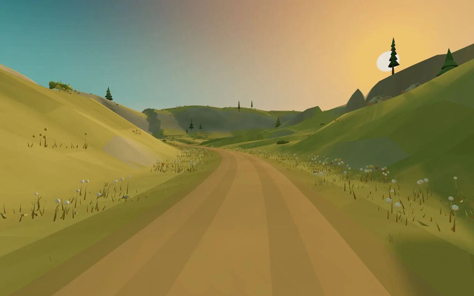 Échappée game capture: a sunlit mountain road winding towards a pass